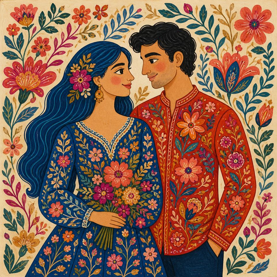 Folk-art portrait of Elana and Daniel from their guest wedding page